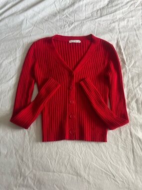 Active USA Red Ribbed V-Neck Button Cardigan